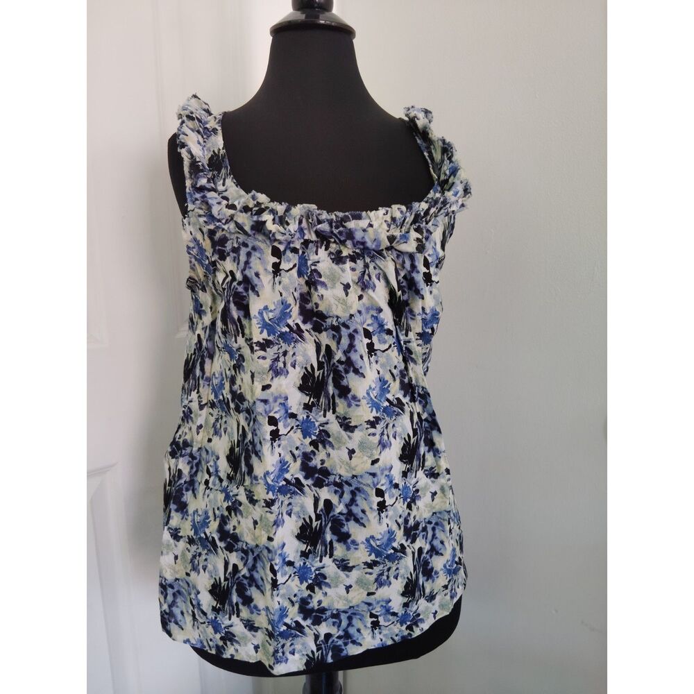 Ann Taylor LOFT Navy Yellow Florals Ruffled Scoopneck Sleeveless Blouse S